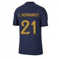 Camisa de Futebol França Lucas Hernandez #21 Equipamento Principal Mundo 2022 Manga Curta